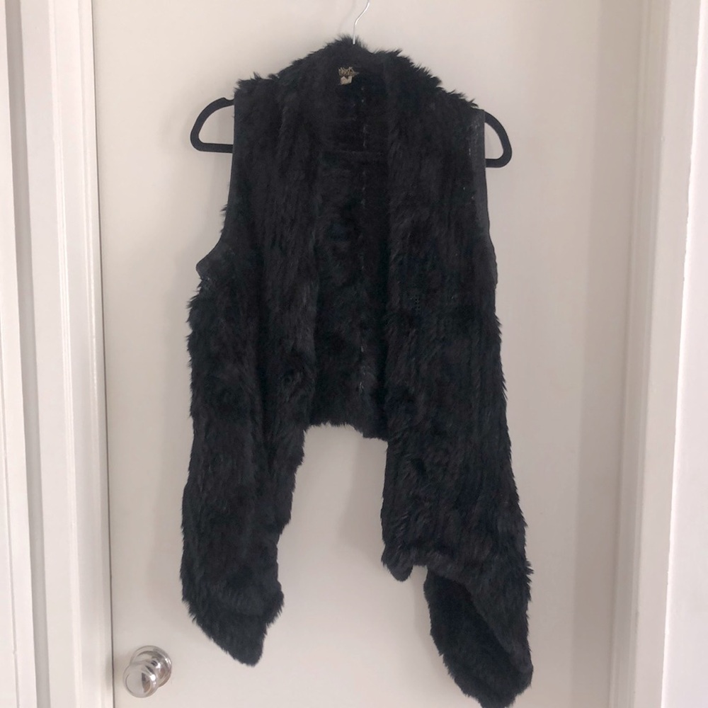La rok luxe black rabbit fur asymmetrical vest size medium
